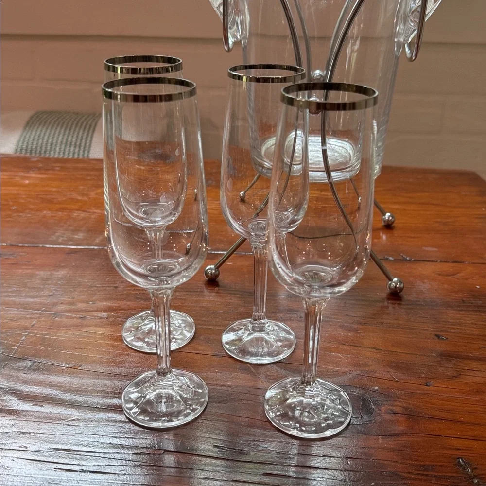 Vintage Glass Godinger Champs Ice Bucket and 4 Silver Rimed Champ Glasses